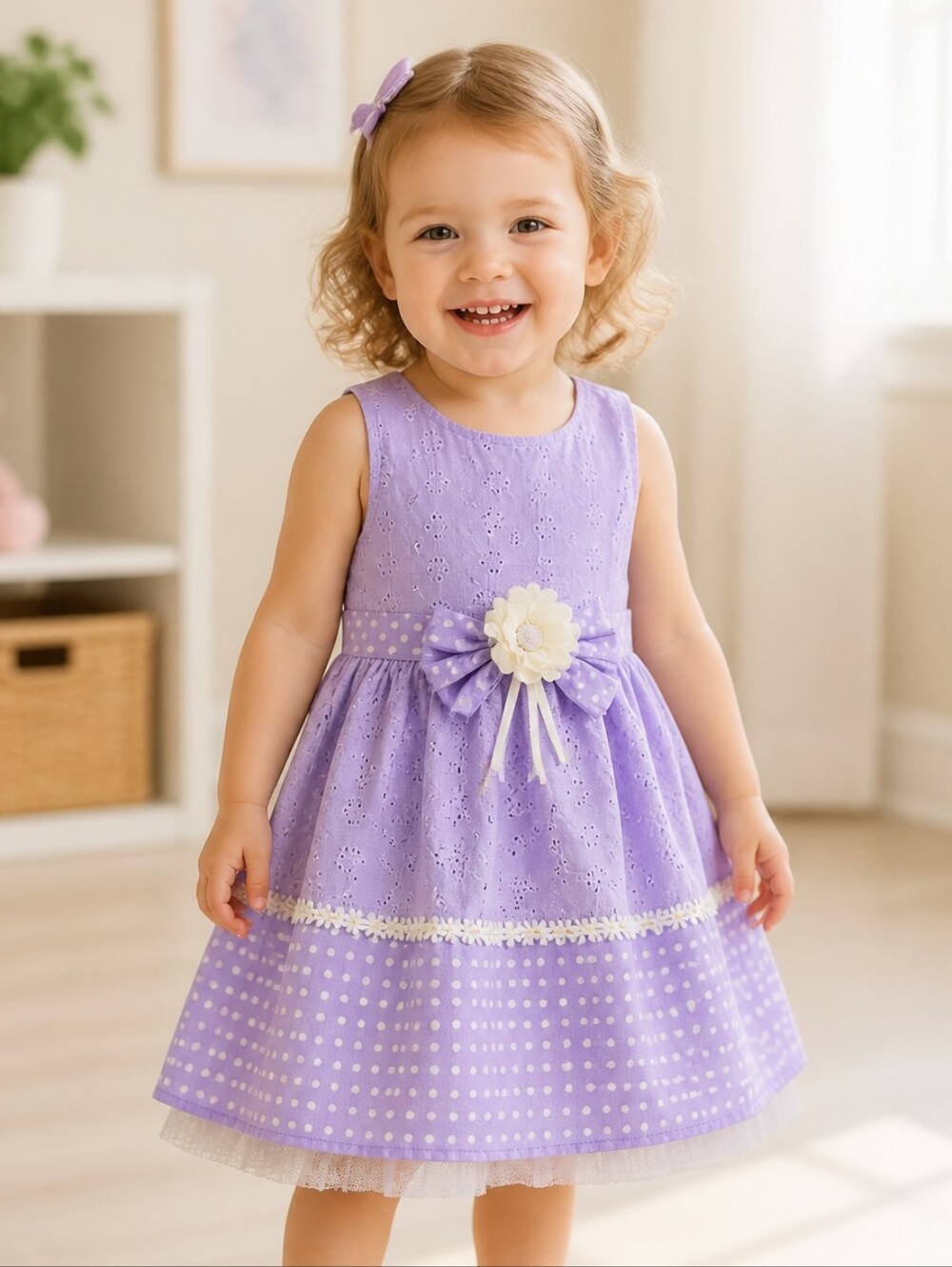 Rare Editions Dress 2T Lavender Eyelet Polka Dot Daisy Bow Easter Birthday Twirl